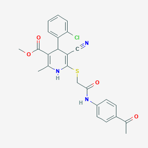 molecular formula C25H22ClN3O4S B2489849 Methyl 6-((2-((4-acetylphenyl)amino)-2-oxoethyl)thio)-4-(2-chlorophenyl)-5-cyano-2-methyl-1,4-dihydropyridine-3-carboxylate CAS No. 370849-33-5