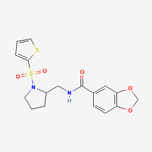molecular formula C17H18N2O5S2 B2489982 N-((1-(thiophen-2-ylsulfonyl)pyrrolidin-2-yl)methyl)benzo[d][1,3]dioxole-5-carboxamide CAS No. 887863-04-9