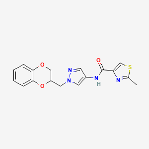 molecular formula C17H16N4O3S B2490029 N-(1-((2,3-dihydrobenzo[b][1,4]dioxin-2-yl)methyl)-1H-pyrazol-4-yl)-2-methylthiazole-4-carboxamide CAS No. 1798525-02-6