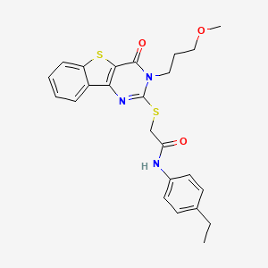 molecular formula C24H25N3O3S2 B2490235 N-(4-ethylphenyl)-2-{[5-(3-methoxypropyl)-6-oxo-8-thia-3,5-diazatricyclo[7.4.0.0^{2,7}]trideca-1(9),2(7),3,10,12-pentaen-4-yl]sulfanyl}acetamide CAS No. 866014-26-8