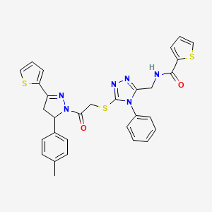 molecular formula C30H26N6O2S3 B2490257 N-{[5-({2-[5-(4-methylphenyl)-3-(thiophen-2-yl)-4,5-dihydro-1H-pyrazol-1-yl]-2-oxoethyl}sulfanyl)-4-phenyl-4H-1,2,4-triazol-3-yl]methyl}thiophene-2-carboxamide CAS No. 362507-47-9