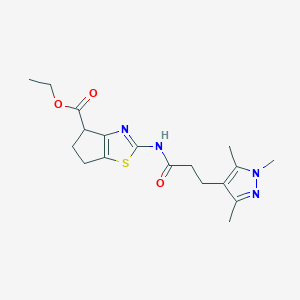 molecular formula C18H24N4O3S B2490288 ethyl 2-(3-(1,3,5-trimethyl-1H-pyrazol-4-yl)propanamido)-5,6-dihydro-4H-cyclopenta[d]thiazole-4-carboxylate CAS No. 1226456-13-8