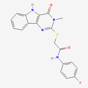 molecular formula C19H15FN4O2S B2490421 N-(4-fluorophenyl)-2-({3-methyl-4-oxo-3H,4H,5H-pyrimido[5,4-b]indol-2-yl}sulfanyl)acetamide CAS No. 537667-84-8