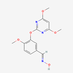 molecular formula C14H15N3O5 B2490597 3-[(4,6-Dimethoxy-2-pyrimidinyl)oxy]-4-methoxybenzenecarbaldehyde oxime CAS No. 866154-91-8