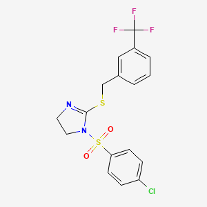 molecular formula C17H14ClF3N2O2S2 B2490645 1-(4-chlorobenzenesulfonyl)-2-({[3-(trifluoromethyl)phenyl]methyl}sulfanyl)-4,5-dihydro-1H-imidazole CAS No. 868218-16-0