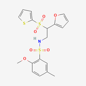 molecular formula C18H19NO6S3 B2490773 N-[2-(furan-2-yl)-2-(thiophene-2-sulfonyl)ethyl]-2-methoxy-5-methylbenzene-1-sulfonamide CAS No. 877817-08-8