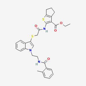 molecular formula C30H31N3O4S2 B2491082 ethyl 2-(2-((1-(2-(2-methylbenzamido)ethyl)-1H-indol-3-yl)thio)acetamido)-5,6-dihydro-4H-cyclopenta[b]thiophene-3-carboxylate CAS No. 532970-45-9