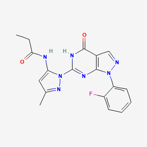 molecular formula C18H16FN7O2 B2491094 N-(1-(1-(2-fluorophenyl)-4-oxo-4,5-dihydro-1H-pyrazolo[3,4-d]pyrimidin-6-yl)-3-methyl-1H-pyrazol-5-yl)propionamide CAS No. 1171869-18-3