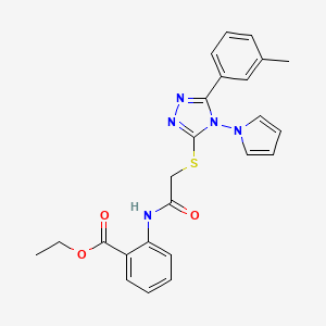 molecular formula C24H23N5O3S B2491253 ethyl 2-(2-{[5-(3-methylphenyl)-4-(1H-pyrrol-1-yl)-4H-1,2,4-triazol-3-yl]sulfanyl}acetamido)benzoate CAS No. 886930-23-0
