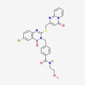 molecular formula C28H24BrN5O4S B2491670 4-((6-溴-4-氧代-2-(((4-氧代-4H-吡啶[1,2-a]嘧啶-2-基)甲基)硫)喹唑啉-3(4H)-基)甲基)-N-(2-甲氧基乙基)苯甲酰胺 CAS No. 422288-70-8