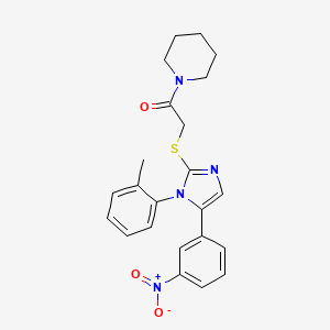 molecular formula C23H24N4O3S B2491673 2-((5-(3-硝基苯基)-1-(邻甲苯基)-1H-咪唑-2-基)硫代)-1-(哌啶-1-基)乙酮 CAS No. 1235107-03-5