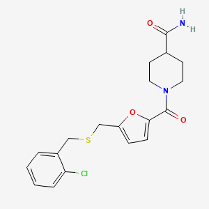molecular formula C19H21ClN2O3S B2491682 1-(5-(((2-Chlorobenzyl)thio)methyl)furan-2-carbonyl)piperidine-4-carboxamide CAS No. 1448136-25-1