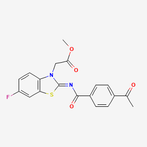 molecular formula C19H15FN2O4S B2491685 Methyl 2-[2-(4-acetylbenzoyl)imino-6-fluoro-1,3-benzothiazol-3-yl]acetate CAS No. 865198-09-0