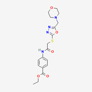 molecular formula C18H22N4O5S B2491742 Ethyl 4-(2-((5-(morpholinomethyl)-1,3,4-oxadiazol-2-yl)thio)acetamido)benzoate CAS No. 915188-13-5
