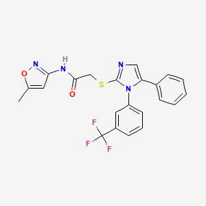 molecular formula C22H17F3N4O2S B2491975 N-(5-methyl-1,2-oxazol-3-yl)-2-({5-phenyl-1-[3-(trifluoromethyl)phenyl]-1H-imidazol-2-yl}sulfanyl)acetamide CAS No. 1226431-11-3
