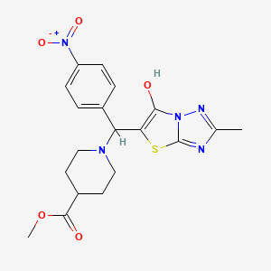 molecular formula C19H21N5O5S B2492039 Methyl 1-((6-hydroxy-2-methylthiazolo[3,2-b][1,2,4]triazol-5-yl)(4-nitrophenyl)methyl)piperidine-4-carboxylate CAS No. 851810-91-8