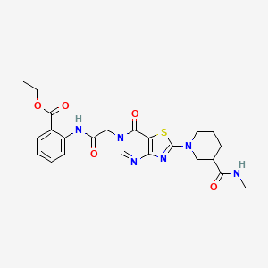 molecular formula C23H26N6O5S B2492044 ethyl 2-(2-{2-[3-(methylcarbamoyl)piperidin-1-yl]-7-oxo-6H,7H-[1,3]thiazolo[4,5-d]pyrimidin-6-yl}acetamido)benzoate CAS No. 1115982-83-6