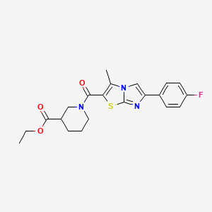 molecular formula C21H22FN3O3S B2492045 Ethyl 1-[6-(4-fluorophenyl)-3-methylimidazo[2,1-b][1,3]thiazole-2-carbonyl]piperidine-3-carboxylate CAS No. 852133-79-0