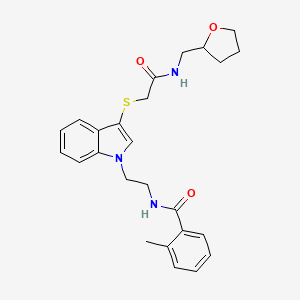 molecular formula C25H29N3O3S B2492099 2-methyl-N-[2-[3-[2-oxo-2-(oxolan-2-ylmethylamino)ethyl]sulfanylindol-1-yl]ethyl]benzamide CAS No. 862825-94-3