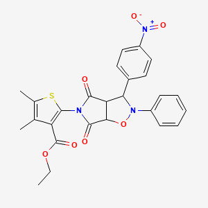 molecular formula C26H23N3O7S B2492133 ethyl 4,5-dimethyl-2-[3-(4-nitrophenyl)-4,6-dioxo-2-phenyl-hexahydro-2H-pyrrolo[3,4-d][1,2]oxazol-5-yl]thiophene-3-carboxylate CAS No. 1005108-98-4