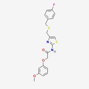 molecular formula C20H19FN2O3S2 B2492343 N-(4-(((4-fluorobenzyl)thio)methyl)thiazol-2-yl)-2-(3-methoxyphenoxy)acetamide CAS No. 941973-80-4