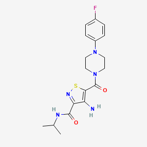 molecular formula C18H22FN5O2S B2492384 4-amino-5-[4-(4-fluorophenyl)piperazine-1-carbonyl]-N-(propan-2-yl)-1,2-thiazole-3-carboxamide CAS No. 1286732-72-6