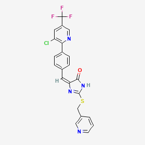 molecular formula C22H14ClF3N4OS B2492472 5-((E)-{4-[3-chloro-5-(trifluoromethyl)-2-pyridinyl]phenyl}methylidene)-2-[(3-pyridinylmethyl)sulfanyl]-3,5-dihydro-4H-imidazol-4-one CAS No. 2066667-82-9