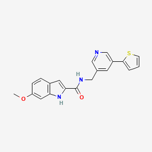 molecular formula C20H17N3O2S B2492487 6-methoxy-N-((5-(thiophen-2-yl)pyridin-3-yl)methyl)-1H-indole-2-carboxamide CAS No. 2034485-93-1