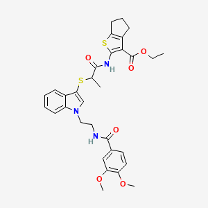 molecular formula C32H35N3O6S2 B2492498 ethyl 2-{2-[(1-{2-[(3,4-dimethoxyphenyl)formamido]ethyl}-1H-indol-3-yl)sulfanyl]propanamido}-4H,5H,6H-cyclopenta[b]thiophene-3-carboxylate CAS No. 533867-47-9
