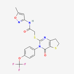 molecular formula C19H15F3N4O4S2 B2492504 N-(5-methyl-1,2-oxazol-3-yl)-2-({4-oxo-3-[4-(trifluoromethoxy)phenyl]-3H,4H,6H,7H-thieno[3,2-d]pyrimidin-2-yl}sulfanyl)acetamide CAS No. 877654-53-0