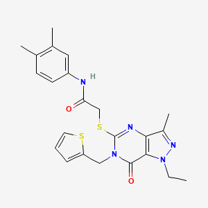 molecular formula C23H25N5O2S2 B2492598 N-(3,4-dimethylphenyl)-2-({1-ethyl-3-methyl-7-oxo-6-[(thiophen-2-yl)methyl]-1H,6H,7H-pyrazolo[4,3-d]pyrimidin-5-yl}sulfanyl)acetamide CAS No. 1358832-16-2
