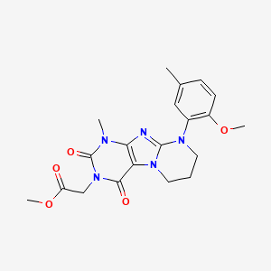 molecular formula C20H23N5O5 B2492718 methyl 2-[9-(2-methoxy-5-methylphenyl)-1-methyl-2,4-dioxo-1H,2H,3H,4H,6H,7H,8H,9H-pyrimido[1,2-g]purin-3-yl]acetate CAS No. 923470-28-4