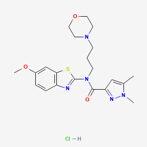 molecular formula C21H28ClN5O3S B2492858 N-(6-methoxy-1,3-benzothiazol-2-yl)-1,5-dimethyl-N-[3-(morpholin-4-yl)propyl]-1H-pyrazole-3-carboxamide hydrochloride CAS No. 1217080-32-4