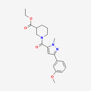 molecular formula C20H25N3O4 B2492994 ethyl 1-(3-(3-methoxyphenyl)-1-methyl-1H-pyrazole-5-carbonyl)piperidine-3-carboxylate CAS No. 1185070-73-8