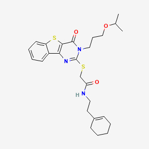 molecular formula C26H33N3O3S2 B2493184 N-(2-(cyclohex-1-en-1-yl)ethyl)-2-((3-(3-isopropoxypropyl)-4-oxo-3,4-dihydrobenzo[4,5]thieno[3,2-d]pyrimidin-2-yl)thio)acetamide CAS No. 865655-26-1