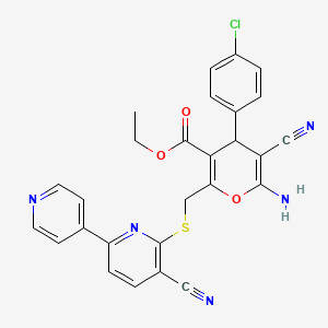 molecular formula C27H20ClN5O3S B2493499 ethyl 6-amino-4-(4-chlorophenyl)-5-cyano-2-[({5-cyano-[2,4'-bipyridine]-6-yl}sulfanyl)methyl]-4H-pyran-3-carboxylate CAS No. 352662-78-3