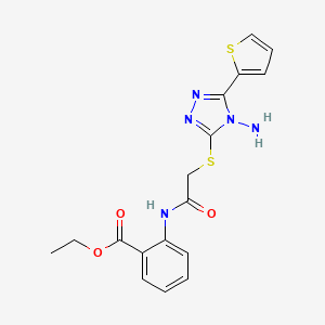 molecular formula C17H17N5O3S2 B2493547 ethyl 2-(2-{[4-amino-5-(thiophen-2-yl)-4H-1,2,4-triazol-3-yl]sulfanyl}acetamido)benzoate CAS No. 941936-91-0