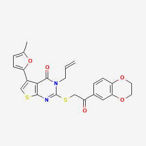 molecular formula C24H20N2O5S2 B2493574 2-{[2-(2,3-dihydro-1,4-benzodioxin-6-yl)-2-oxoethyl]sulfanyl}-5-(5-methylfuran-2-yl)-3-(prop-2-en-1-yl)-3H,4H-thieno[2,3-d]pyrimidin-4-one CAS No. 727688-93-9