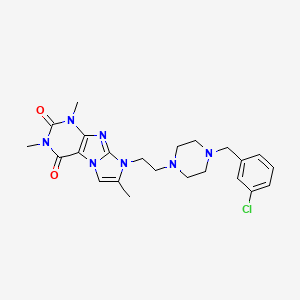 molecular formula C23H28ClN7O2 B2493577 8-(2-{4-[(3-Chlorophenyl)methyl]piperazinyl}ethyl)-1,3,7-trimethyl-1,3,5-trihy dro-4-imidazolino[1,2-h]purine-2,4-dione CAS No. 923166-43-2