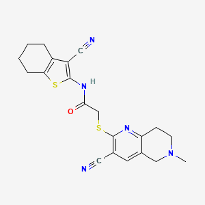 molecular formula C21H21N5OS2 B2493626 N-(3-cyano-4,5,6,7-tetrahydro-1-benzothiophen-2-yl)-2-[(3-cyano-6-methyl-5,6,7,8-tetrahydro-1,6-naphthyridin-2-yl)sulfanyl]acetamide CAS No. 387831-26-7