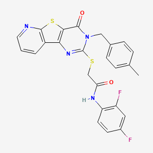 molecular formula C25H18F2N4O2S2 B2493799 N-(2,4-difluorophenyl)-2-[[5-[(4-methylphenyl)methyl]-6-oxo-8-thia-3,5,10-triazatricyclo[7.4.0.02,7]trideca-1(9),2(7),3,10,12-pentaen-4-yl]sulfanyl]acetamide CAS No. 1223934-52-8