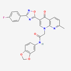 molecular formula C26H18FN5O5 B2493835 N-(2H-1,3-benzodioxol-5-yl)-2-{3-[3-(4-fluorophenyl)-1,2,4-oxadiazol-5-yl]-7-methyl-4-oxo-1,4-dihydro-1,8-naphthyridin-1-yl}acetamide CAS No. 1029770-40-8