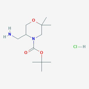molecular formula C12H25ClN2O3 B2493865 Tert-butyl 5-(aminomethyl)-2,2-dimethylmorpholine-4-carboxylate hydrochloride CAS No. 2413898-68-5