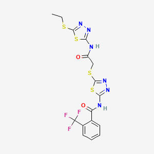 molecular formula C16H13F3N6O2S4 B2493889 N-{5-[({[5-(ethylsulfanyl)-1,3,4-thiadiazol-2-yl]carbamoyl}methyl)sulfanyl]-1,3,4-thiadiazol-2-yl}-2-(trifluoromethyl)benzamide CAS No. 391868-85-2