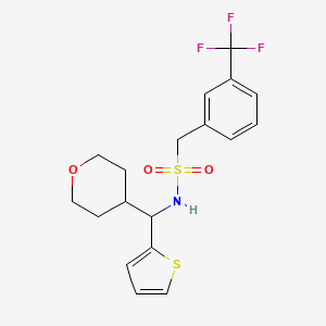 molecular formula C18H20F3NO3S2 B2493938 N-[(oxan-4-yl)(thiophen-2-yl)methyl]-1-[3-(trifluoromethyl)phenyl]methanesulfonamide CAS No. 2309346-25-4