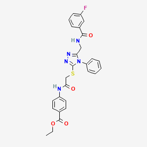 molecular formula C27H24FN5O4S B2494238 ethyl 4-{2-[(5-{[(3-fluorophenyl)formamido]methyl}-4-phenyl-4H-1,2,4-triazol-3-yl)sulfanyl]acetamido}benzoate CAS No. 393839-98-0