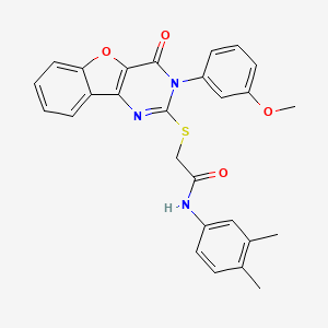 molecular formula C27H23N3O4S B2494266 N-(3,4-dimethylphenyl)-2-{[3-(3-methoxyphenyl)-4-oxo-3,4-dihydro[1]benzofuro[3,2-d]pyrimidin-2-yl]sulfanyl}acetamide CAS No. 872208-21-4