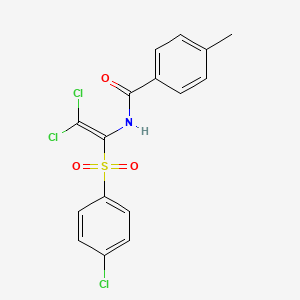 molecular formula C16H12Cl3NO3S B2494349 N-[2,2-DICHLORO-1-(4-CHLOROBENZENESULFONYL)ETHENYL]-4-METHYLBENZAMIDE CAS No. 294647-42-0