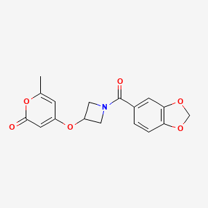 molecular formula C17H15NO6 B2494359 4-((1-(benzo[d][1,3]dioxole-5-carbonyl)azetidin-3-yl)oxy)-6-methyl-2H-pyran-2-one CAS No. 1798540-61-0