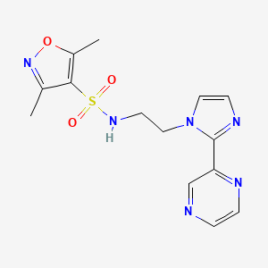 molecular formula C14H16N6O3S B2494764 3,5-dimethyl-N-(2-(2-(pyrazin-2-yl)-1H-imidazol-1-yl)ethyl)isoxazole-4-sulfonamide CAS No. 2034234-54-1